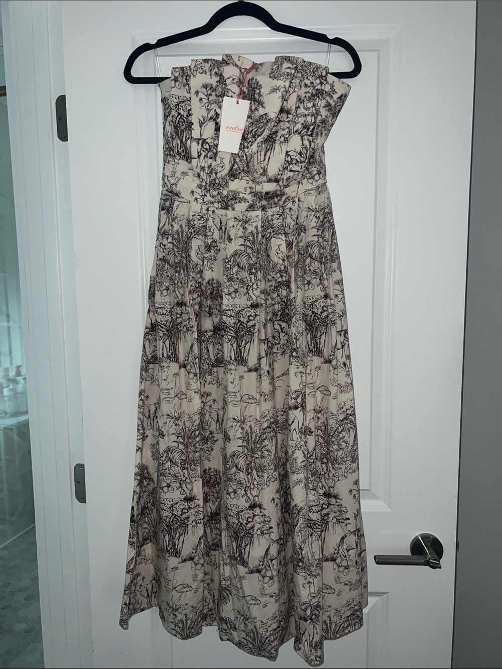 entro Beige Strapless Midi Dress with Black Botanical Print
